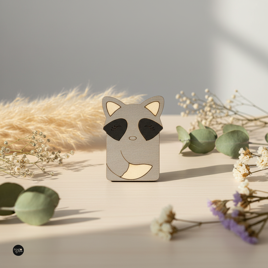 Wooden needle case with magnets. Raccoon - Wizardi KF056/8