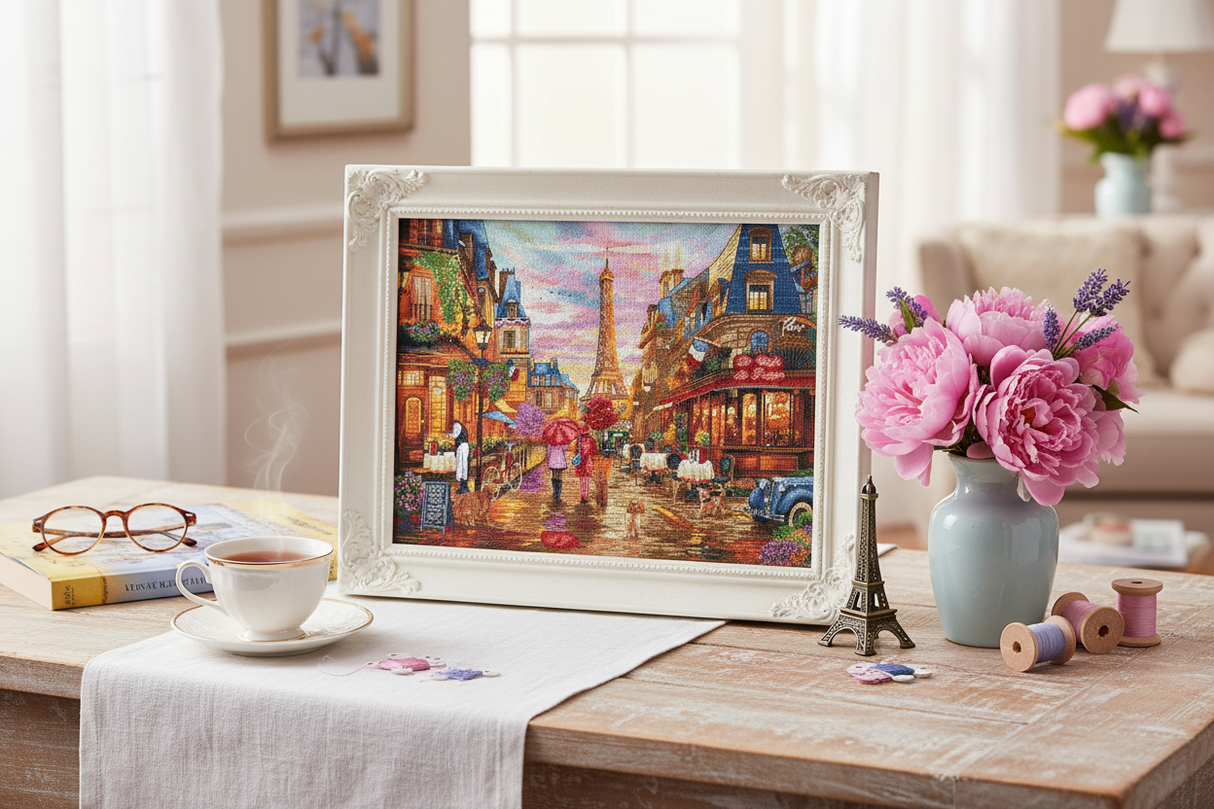 Kit de punto de cruz LetiStitch “After the Rain, Paris” L9975 – París después de la lluvia