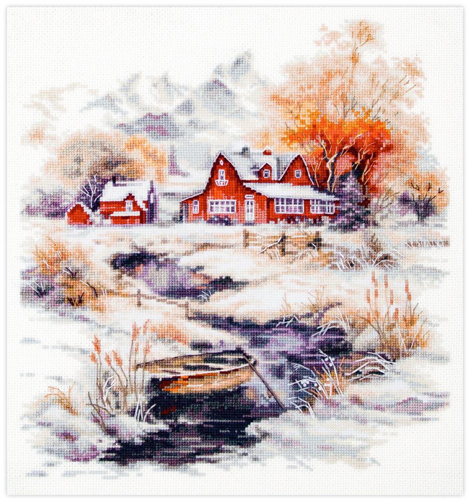 Kit de punto de cruz Magic Needle The Breath of November con paisaje otoñal y casas rojas