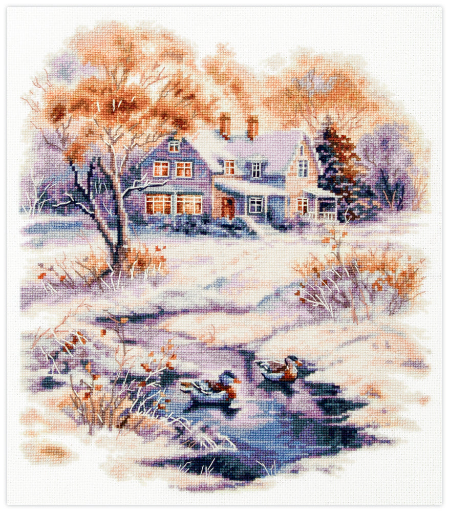Kit de punto de cruz Magic Needle Early Winter con paisaje invernal temprano y casa rural
