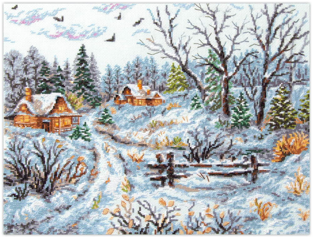 Kit de punto de cruz Magic Needle Frosty Day con paisaje invernal y casas rurales nevadas