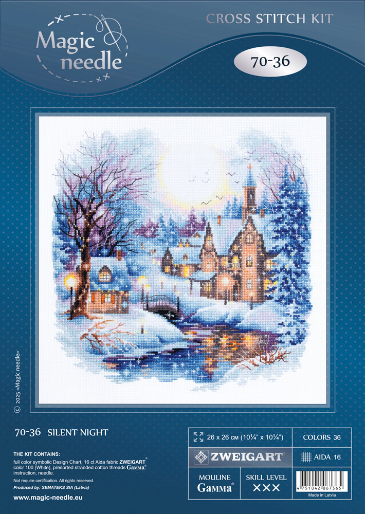 Contenido del kit de punto de cruz Magic Needle Silent Night con materiales incluidos
