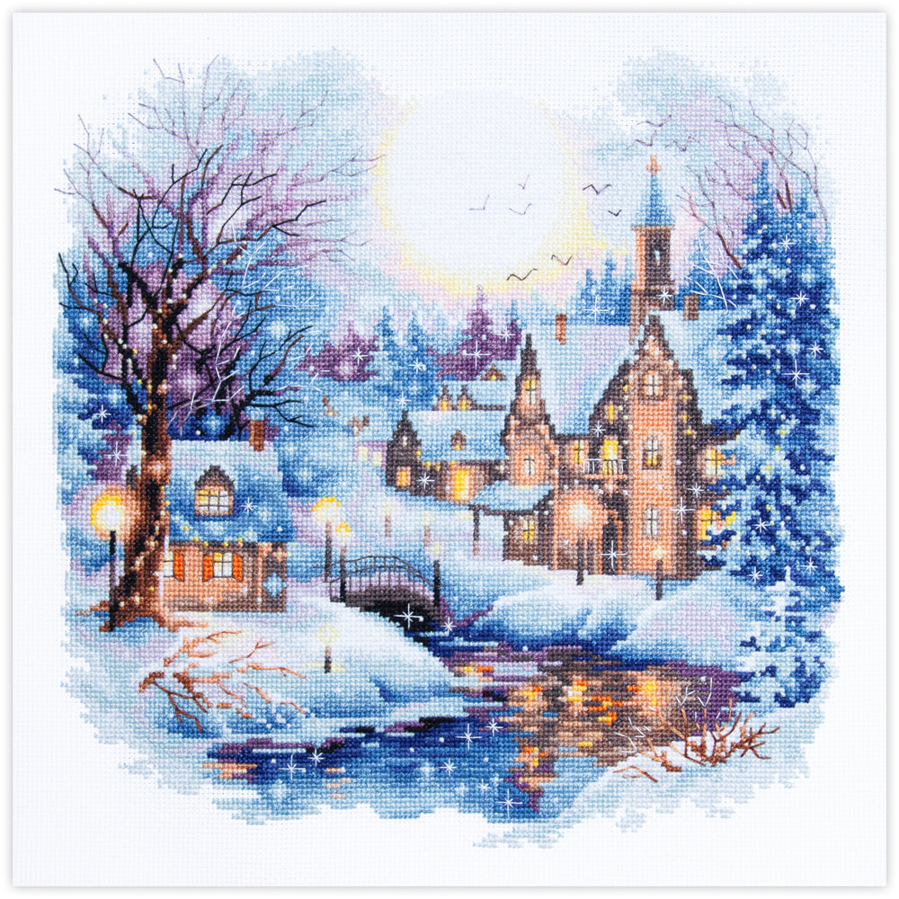 Kit de punto de cruz Magic Needle Silent Night con escena urbana nocturna nevada