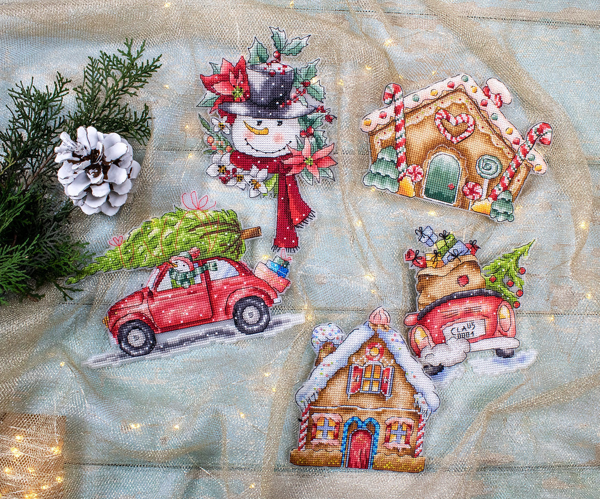 Contenido del kit: hilos, tela y aguja – Adornos Navideños nº4