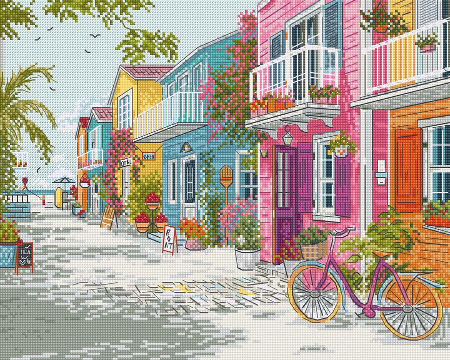 Kit de punto de cruz LetiStitch Seaside Harmony L9963, escena costera con casas coloridas junto al mar