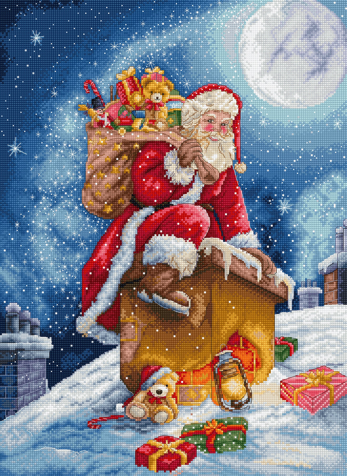 Kit de punto de cruz LetiStitch Santa’s Secret Stop L9964, Papá Noel descansando en escena navideña nocturna