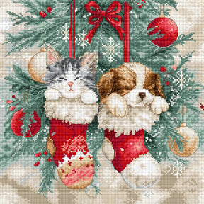 Kit de punto de cruz LetiStitch L9966 Christmas Naps escena navideña tierna con animales