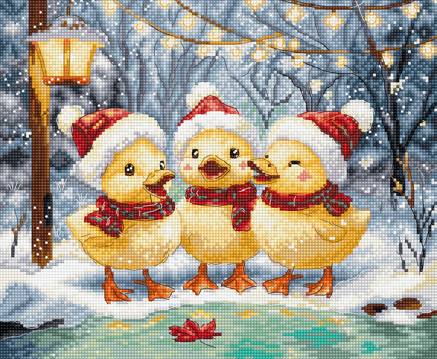 Kit de punto de cruz LetiStitch L9968 Holiday Ducklings patitos navideños en escena invernal