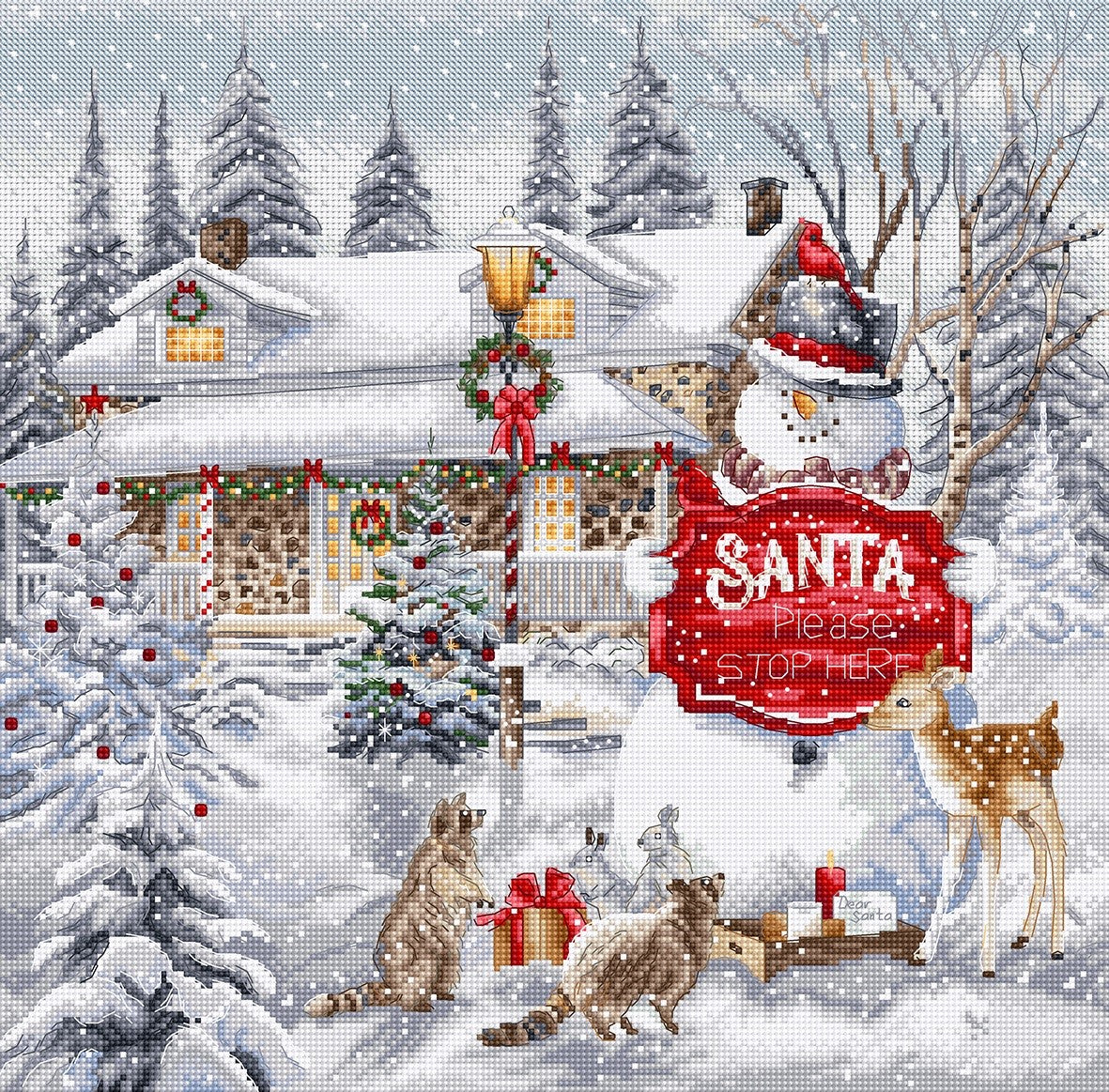 Kit punto de cruz Please Stop Here L9977 LetiStitch escena navideña con muñeco de nieve y casa