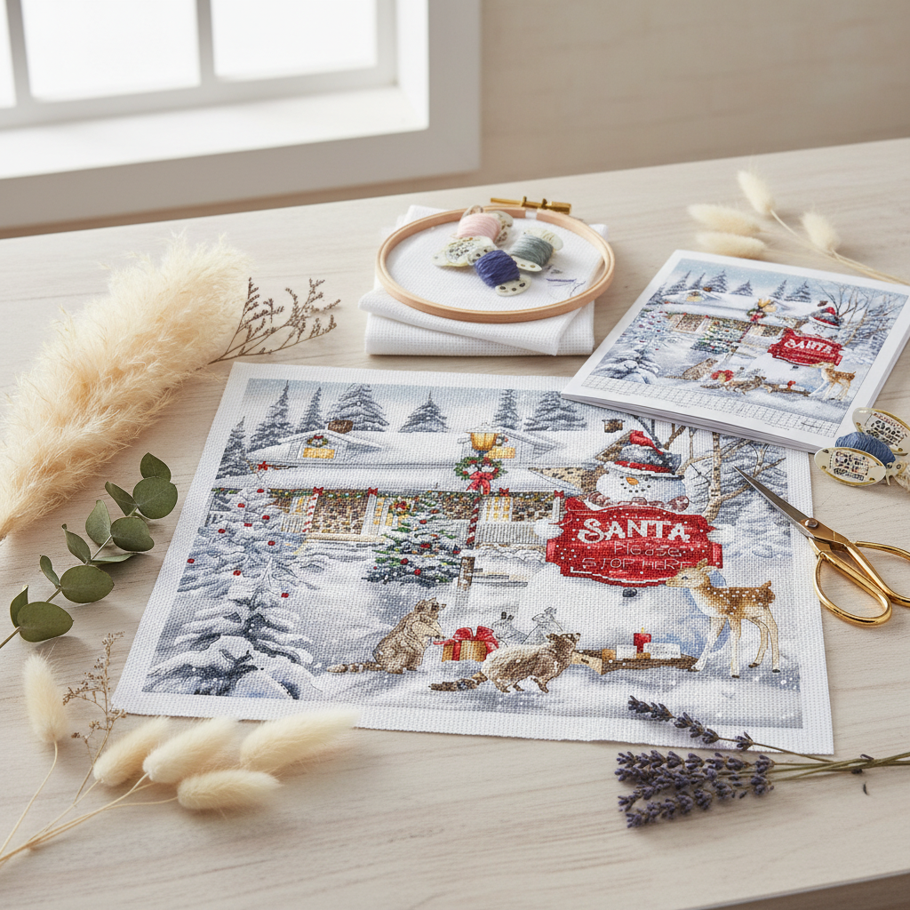 Kit de Punto de Cruz Letistitch L9977 "Por Favor, Para Aquí (Please Stop Here)" – Navidad 31x31 cm