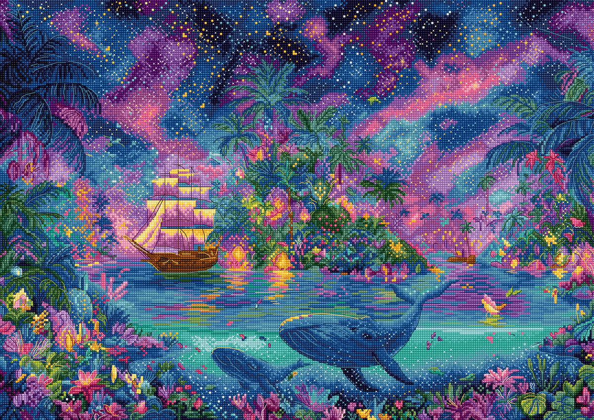 Kit punto de cruz Celestial Isles L9978 LetiStitch paisaje fantástico con isla y ballenas