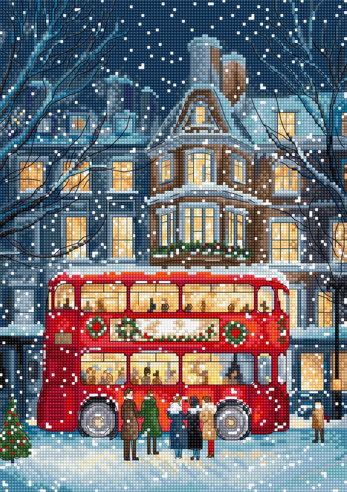 Kit de punto de cruz LetiStitch L9982 autobús rojo navideño en Londres con nieve y edificios iluminados