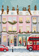 Kit de punto de cruz LetiStitch L9983 escena navideña en Londres con autobús rojo y casas decoradas