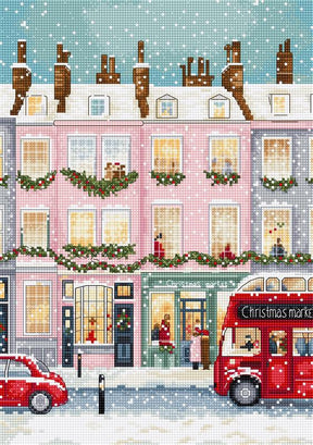 Kit de punto de cruz LetiStitch L9983 escena navideña en Londres con autobús rojo y casas decoradas