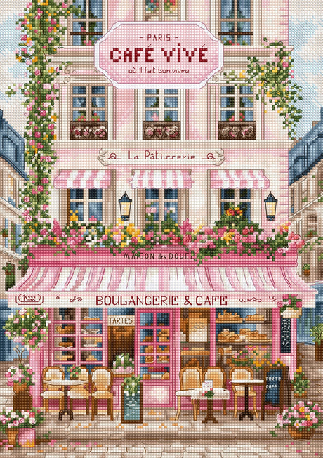 Kit de punto de cruz LetiStitch L9988 Sweet Parisian Street con cafetería y pastelería parisina decorada con flores, toldos rosas y mesas en la calle.