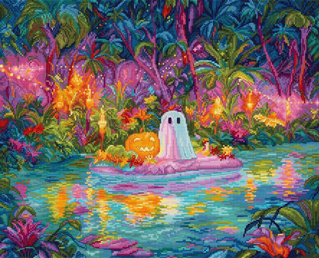Kit de punto de cruz LetiStitch L9989 Glow Ghost Cove con fantasma blanco, calabaza de Halloween, luces brillantes y paisaje tropical nocturno.