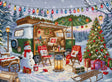Kit de punto de cruz LetiStitch L9990 Christmas Trailer con caravana navideña, árbol de Navidad, luces de colores, nieve, regalos y muñeco de nieve.