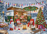 Kit de punto de cruz LetiStitch L9990 Christmas Trailer con caravana navideña, árbol de Navidad, luces de colores, nieve, regalos y muñeco de nieve.