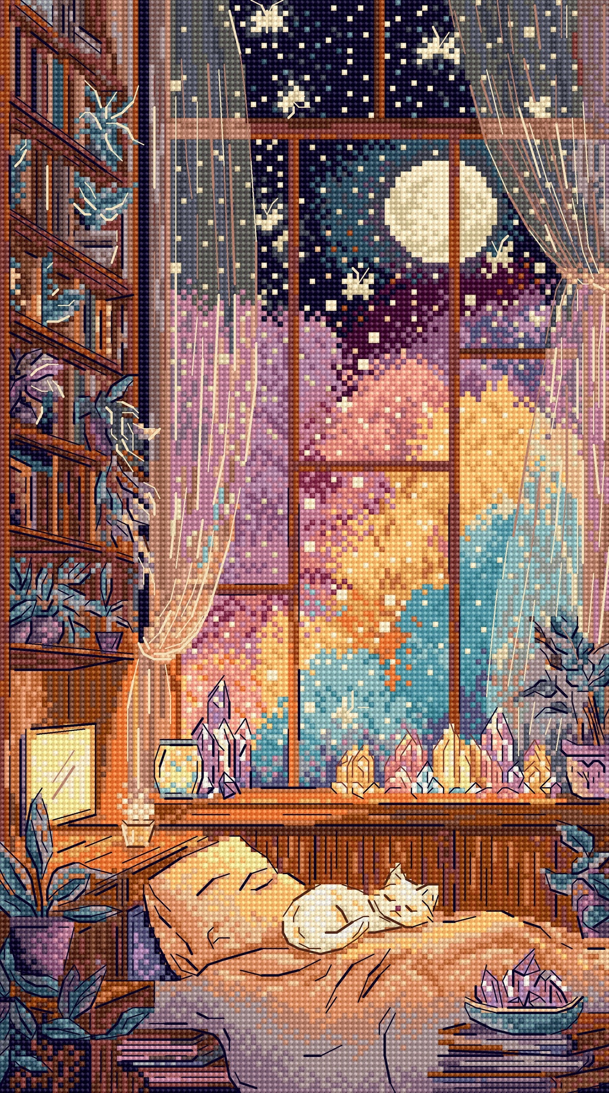 Kit de Punto de Cruz Letistitch L9994 Crystal Moonlight - gato dormido junto a la ventana con luna