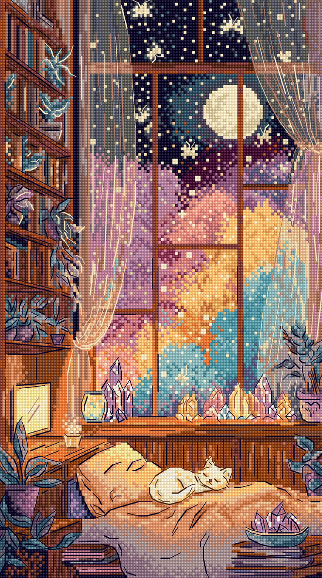 Kit de Punto de Cruz Letistitch L9994 Crystal Moonlight - gato dormido junto a la ventana con luna