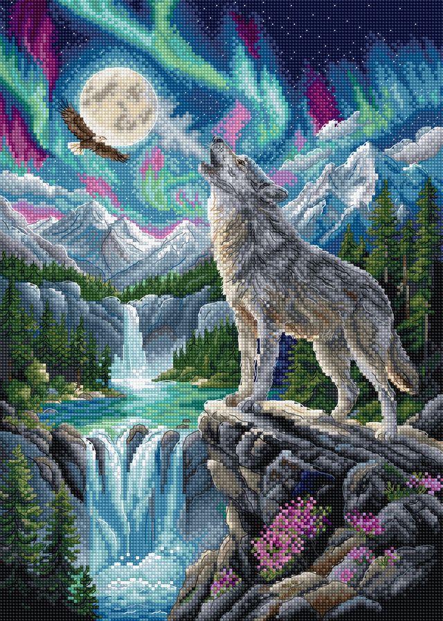 Kit de Punto de Cruz Letistitch L9995 Spirit of the Wild - lobo aullando bajo la aurora boreal