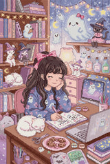Kit de Punto de Cruz Letistitch L9996 Midnight Magic Notes - chica con fantasmitas y gatos