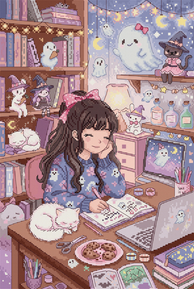 Kit de Punto de Cruz Letistitch L9996 Midnight Magic Notes - chica con fantasmitas y gatos