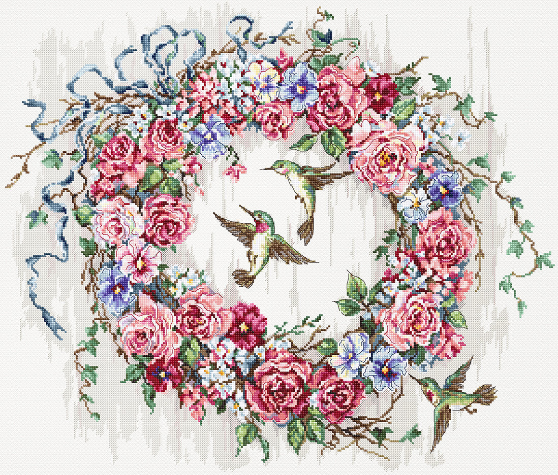 Kit de punto de cruz Colibrí y Corona Floral de Letistitch, 44x36,5 cm