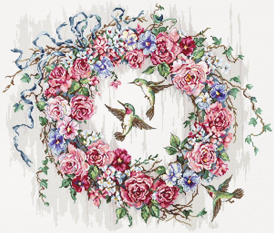 Kit de punto de cruz Colibrí y Corona Floral de Letistitch, 44x36,5 cm