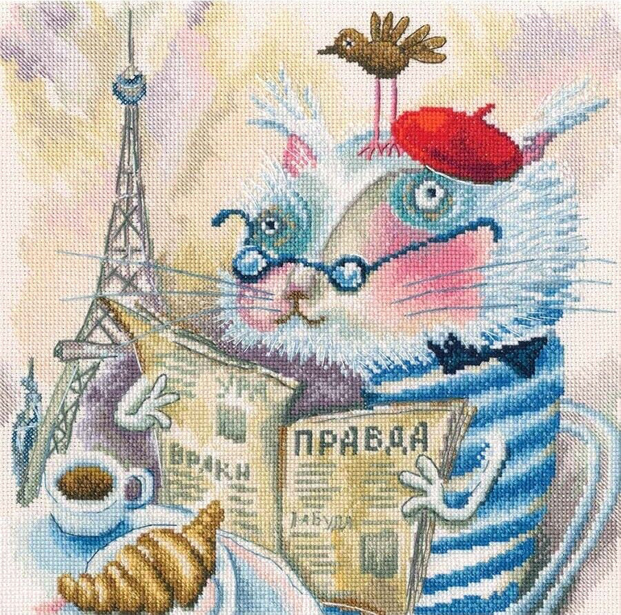 Kit Punto de Cruz RTO M843 – Gato leyendo un libro en París. . Kit…