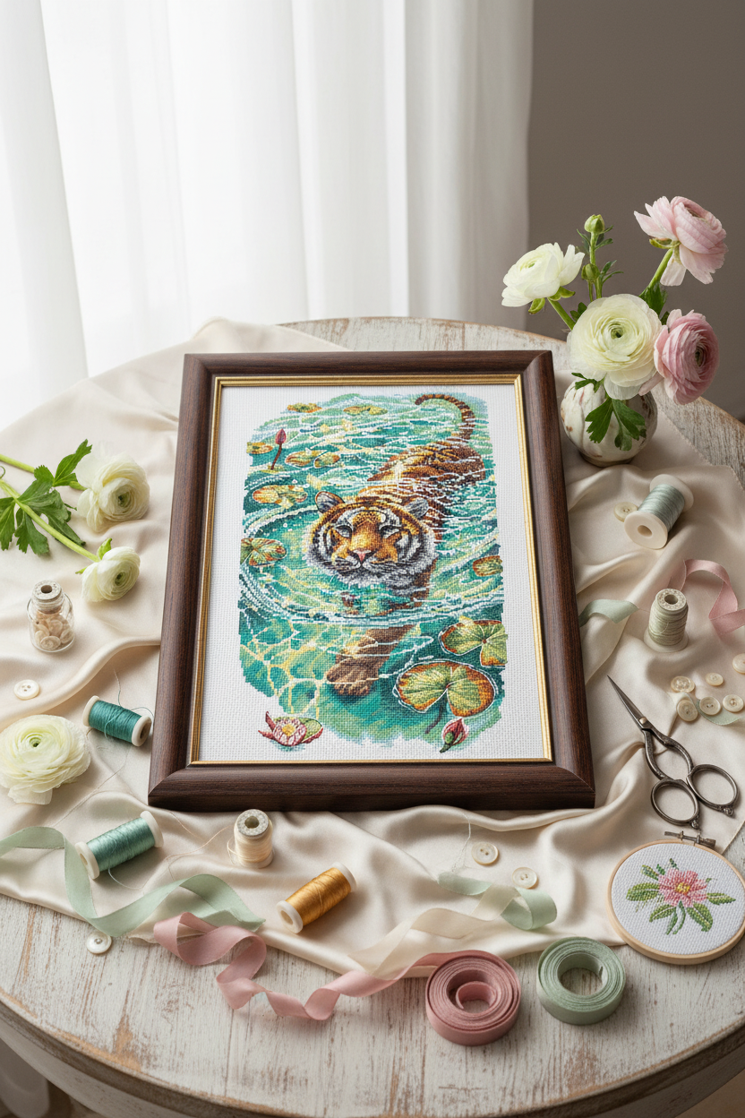 Kit de point de croix AVA Stitch P014 – Tigre de l'étang aux lotus turquoise