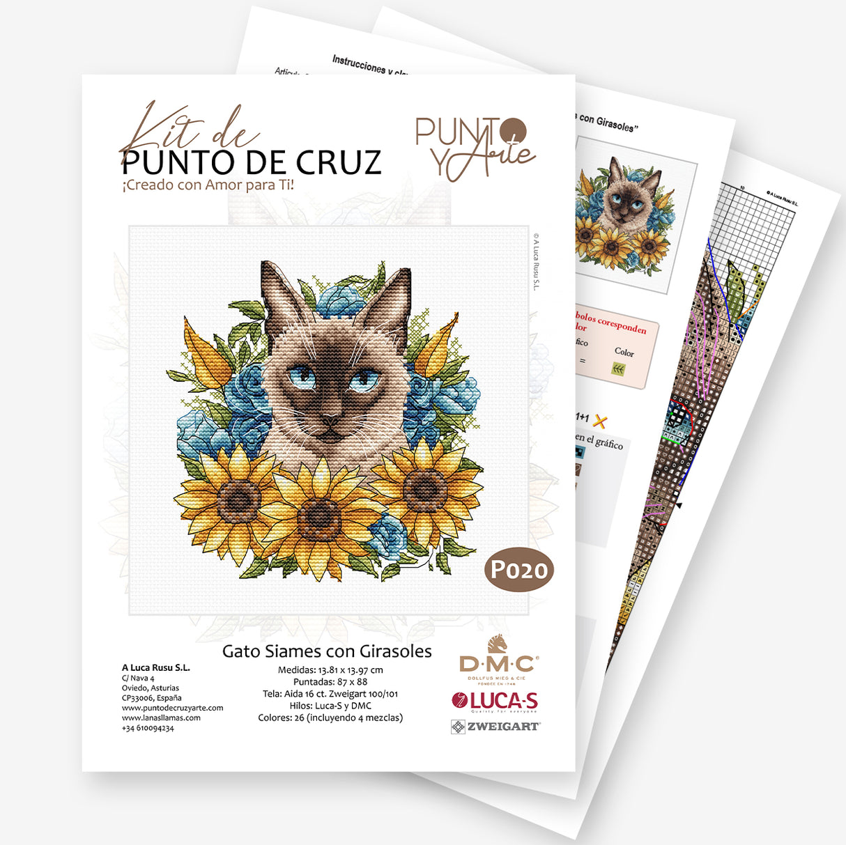 Kit de Punto de Cruz - Gato Siames con Girasoles - P020 Punto y Arte