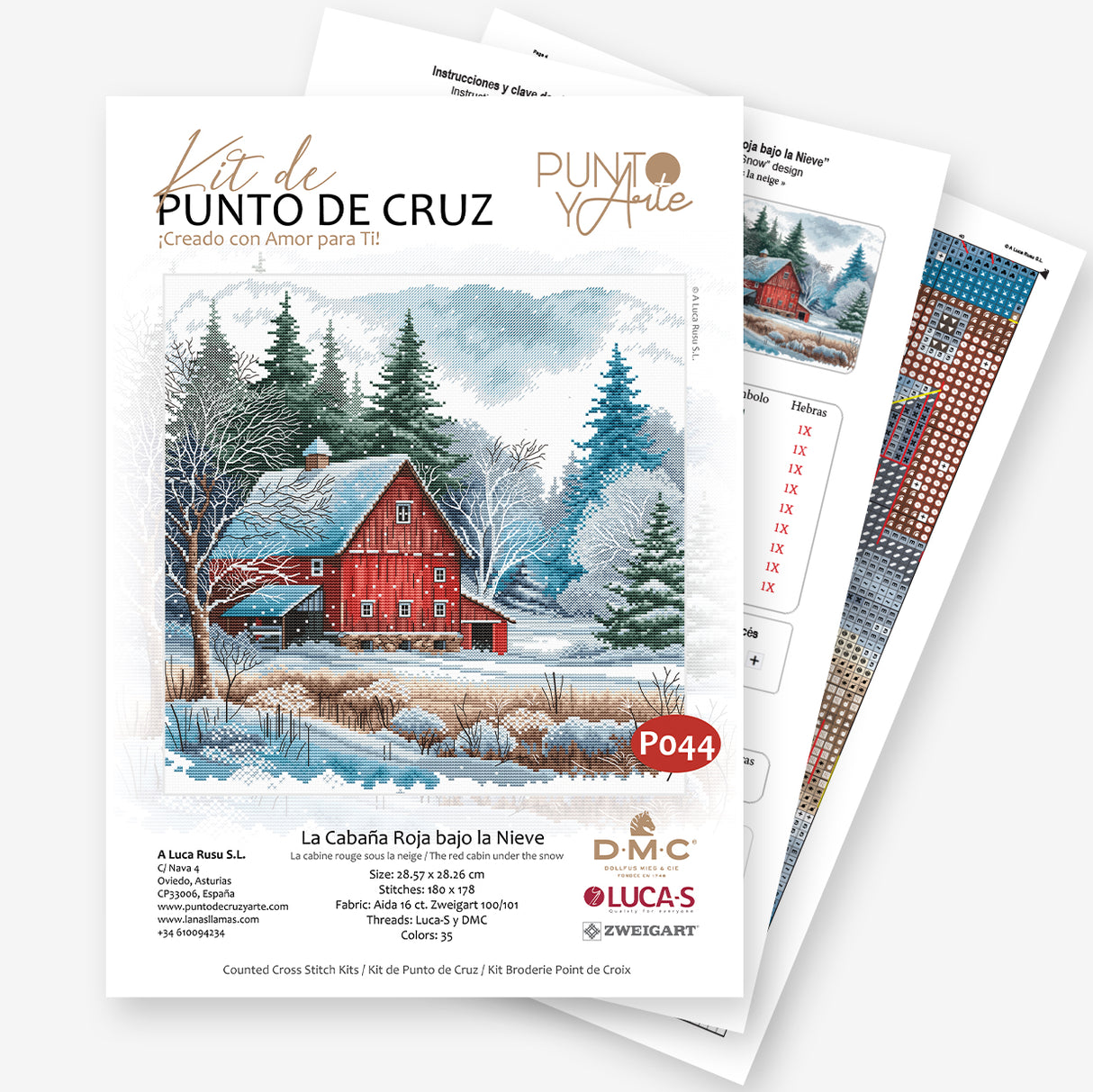 Kit de Punto de Cruz "La Cabaña Roja bajo la Nieve" P044 de Punto y Arte