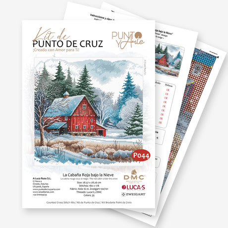 Kit de Punto de Cruz "La Cabaña Roja bajo la Nieve" P044 de Punto y Arte