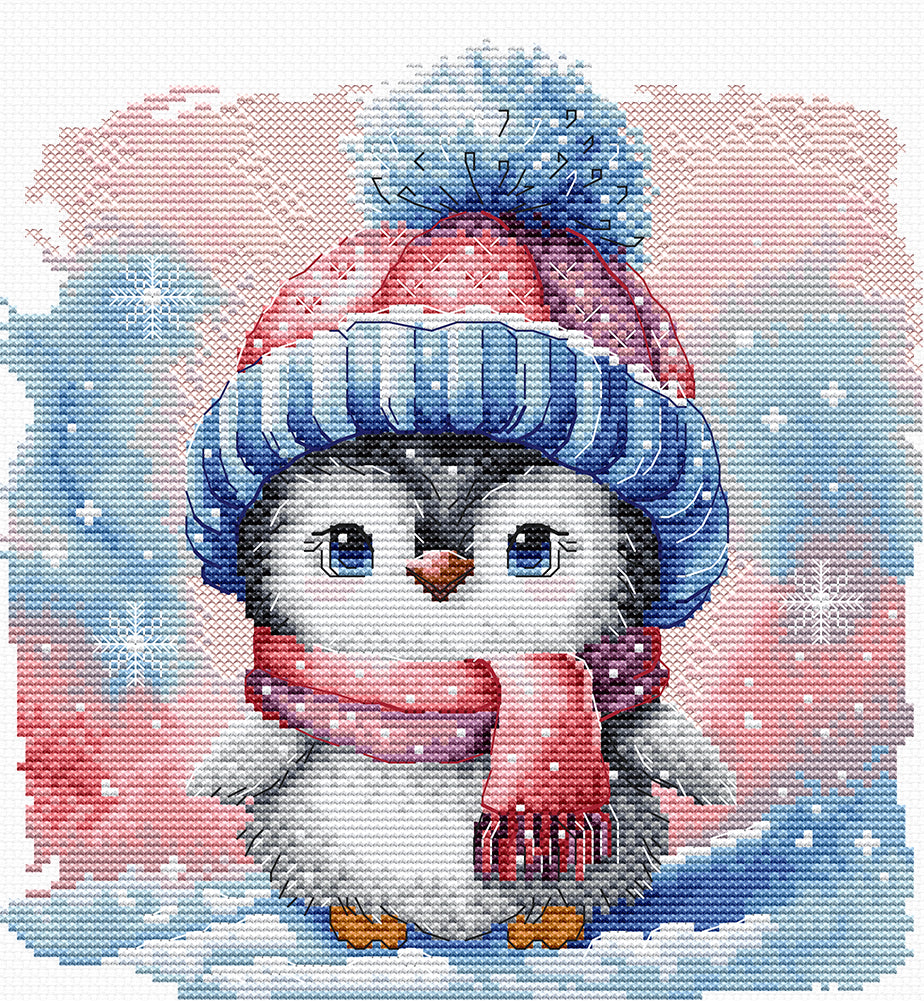 Kit de punto de cruz AVA P047 Frosty Penguin Friend pingüino invernal adorable con gorro y bufanda