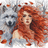 Kit de punto de cruz AVA Stitch P049 The Ginger Girl and the Wolf con retrato de una joven pelirroja junto a un lobo blanco en un paisaje invernal.