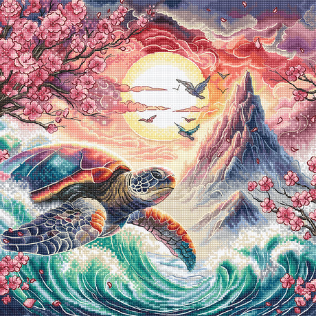 Kit de punto de cruz AVA P056 La Tortuga del Sol Naciente con una tortuga marina nadando entre corales y flores bajo la luz del amanecer, bordado sobre tela Zweigart Aida 16 ct.