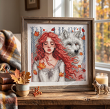 Kit de point de croix AVA Stitch P057 Le silence automnal avec femme rousse et loup blanc