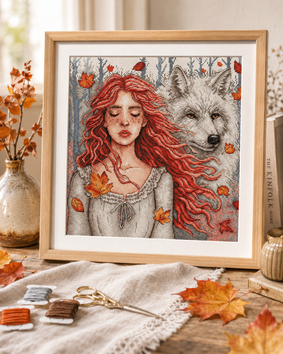 Kit de point de croix AVA Stitch P057 Le silence automnal avec femme rousse et loup blanc