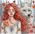 Kit de punto de cruz AVA Stitch P057 Autumnal Silence con retrato de mujer pelirroja de ojos cerrados junto a un lobo blanco y hojas de otoño.