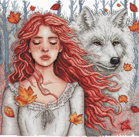 Kit de punto de cruz AVA Stitch P057 Autumnal Silence con retrato de mujer pelirroja de ojos cerrados junto a un lobo blanco y hojas de otoño.