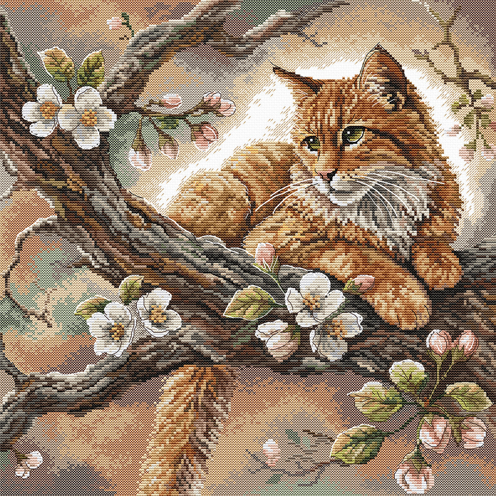 Kit de punto de cruz AVA The Cat on the Apple Tree P059 con gato pelirrojo descansando sobre una rama de manzano en flor