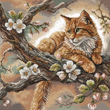 Kit de punto de cruz AVA The Cat on the Apple Tree P059 con gato pelirrojo descansando sobre una rama de manzano en flor