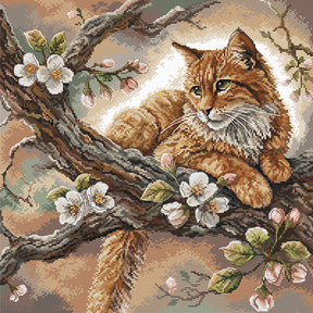 Kit de punto de cruz AVA The Cat on the Apple Tree P059 con gato pelirrojo descansando sobre una rama de manzano en flor