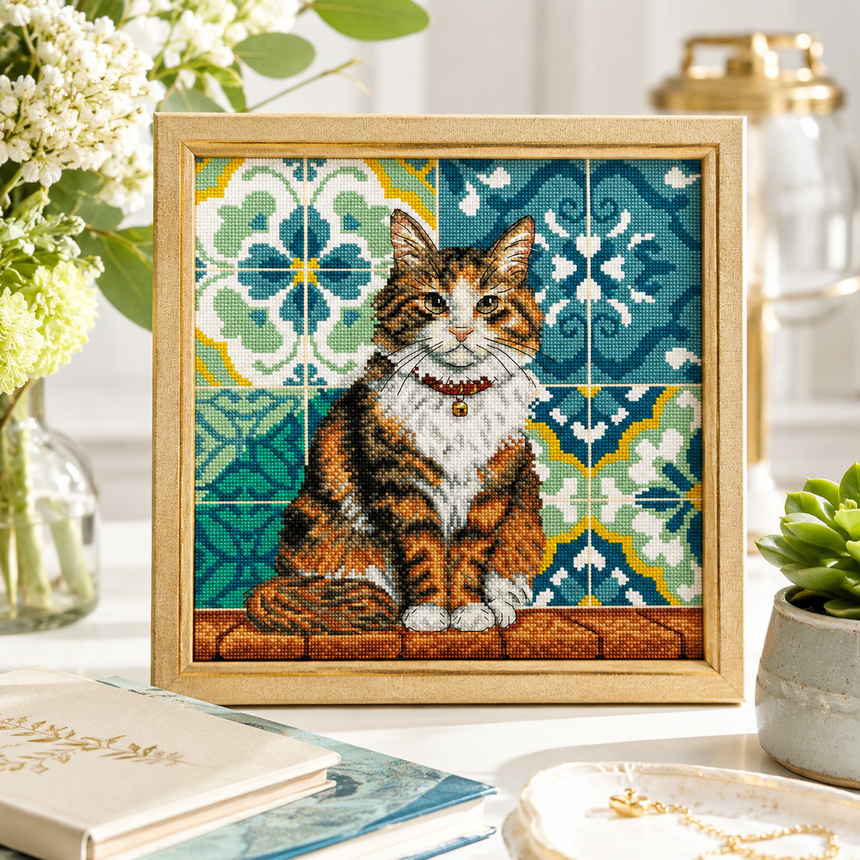 Kit de punto de cruz AVA Stitch P080 Cat in the Yard – Gato en el Patio 23,18x23,50 cm