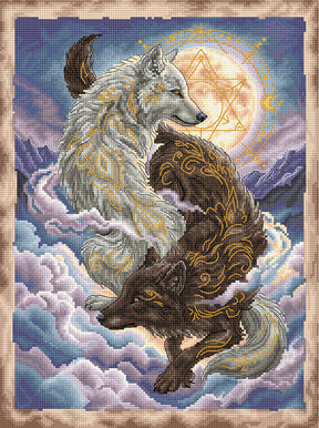 Kit de punto de cruz P084 Light and Shadow AVA Stitch con dos lobos místicos, luna llena, montañas y motivos dorados