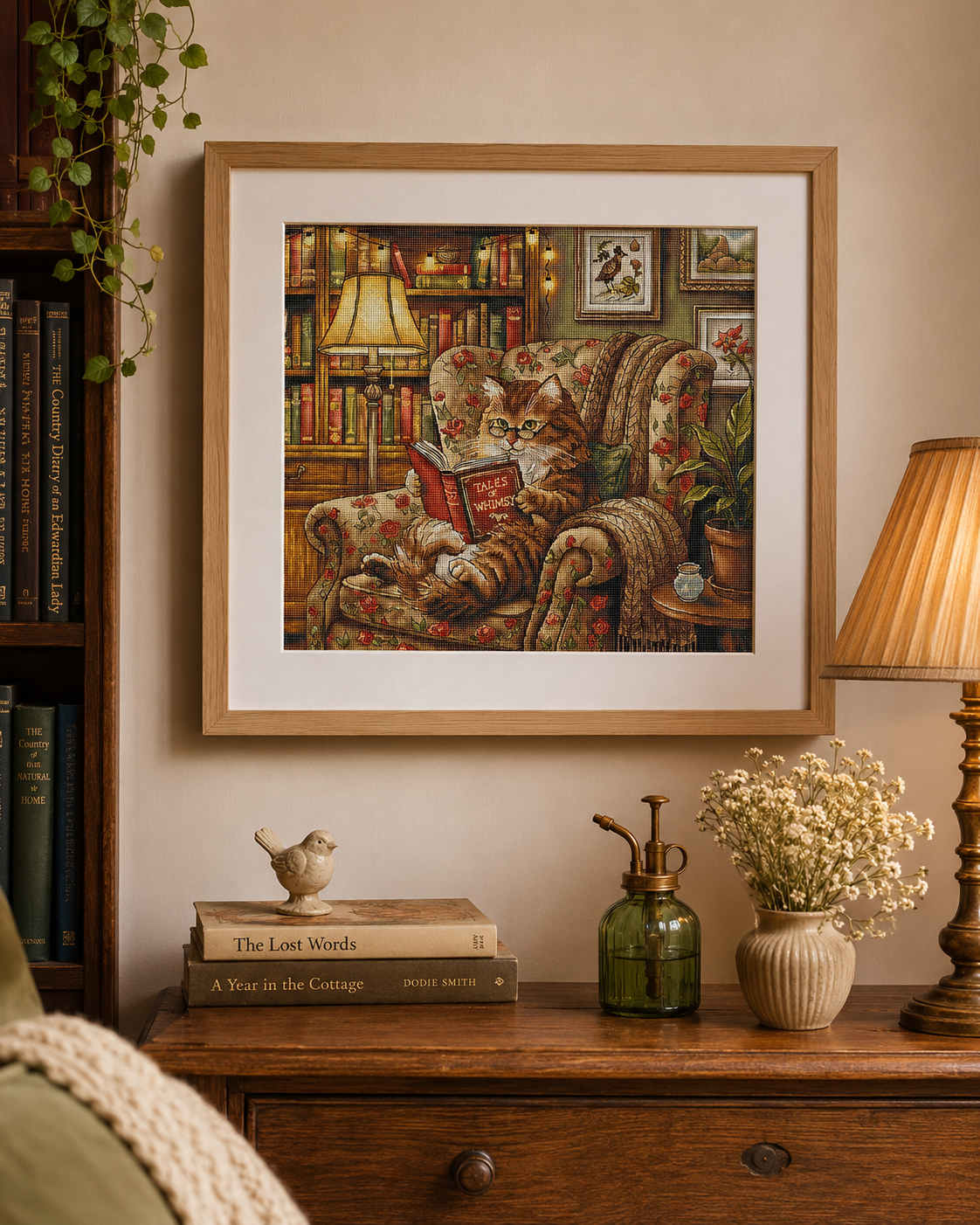 Kit de punto de cruz AVA Stitch P111 Reading Corner con gato lector en biblioteca