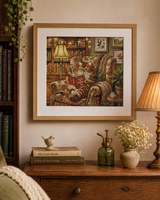 Kit de punto de cruz AVA Stitch P111 Reading Corner con gato lector en biblioteca