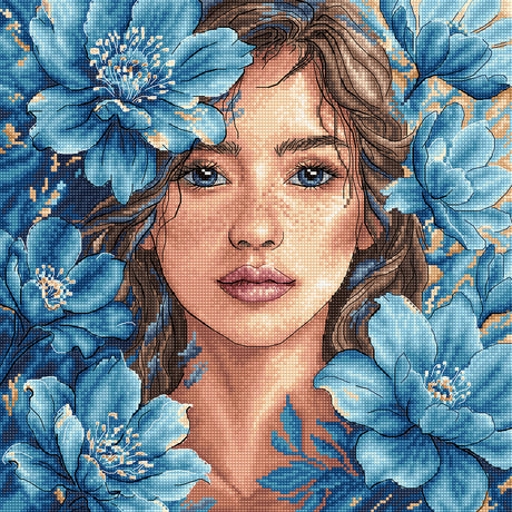 Kit de punto de cruz AVA P125 Mirada Azul con un retrato artístico de intensos ojos azules, bordado sobre tela Zweigart Aida 16 ct con hilos DMC y Luca-S.