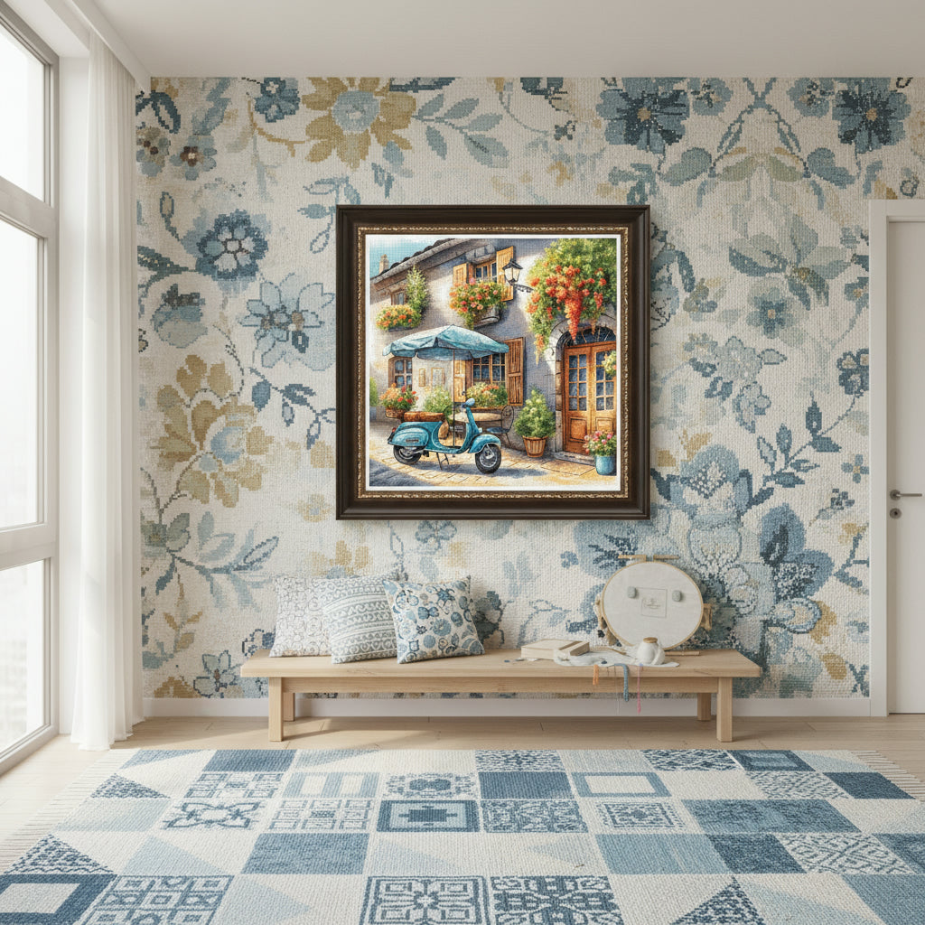 Kit de broderie au point de croix compté « La Vespa bleue » – AVA Stitch P168